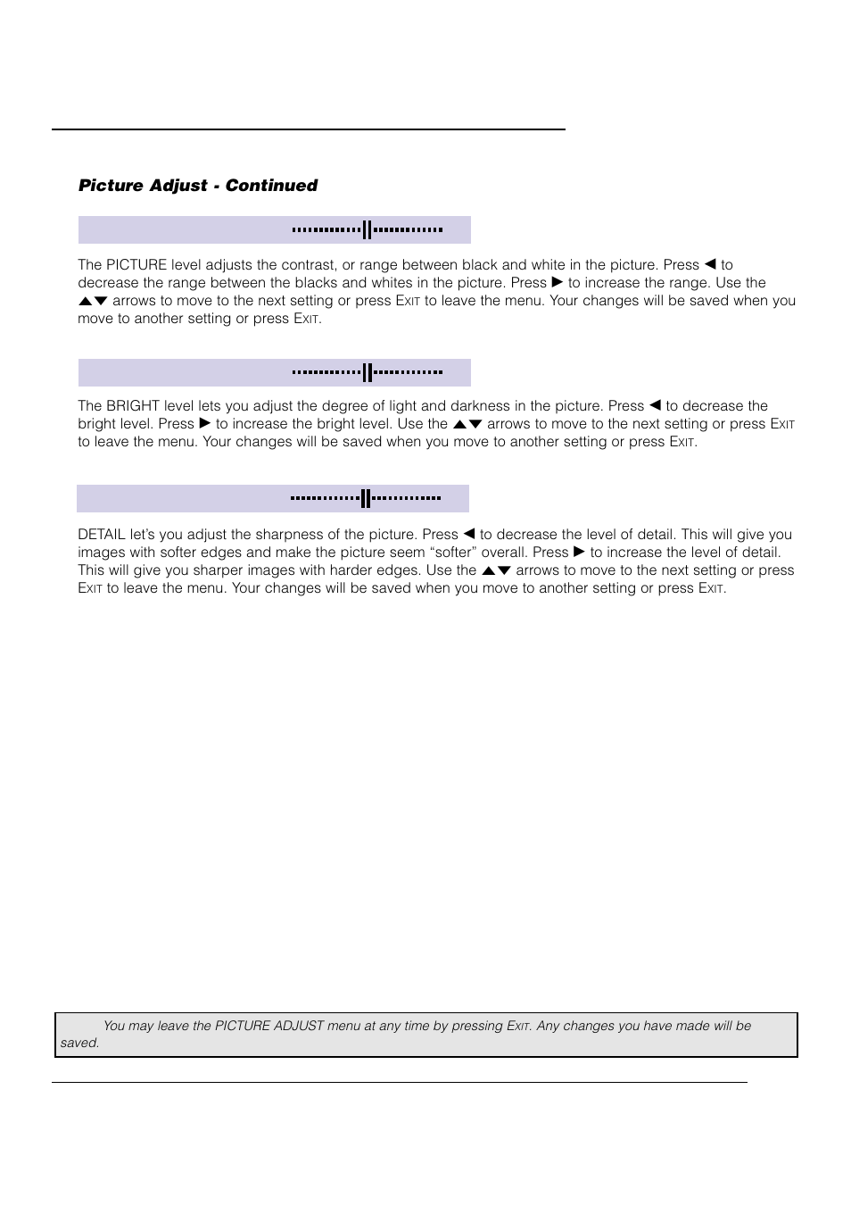 Picture adjust, Bright, Detail | Picture | JVC AV 61S902 User Manual | Page 39 / 68