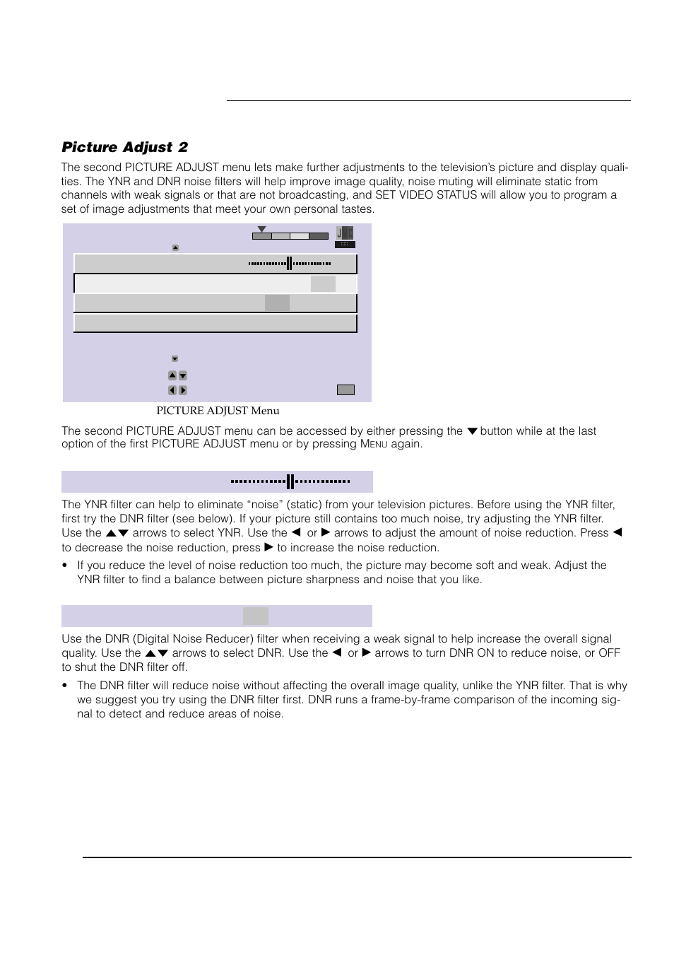 Picture adjust, Dnr on off | JVC AV 61S902 User Manual | Page 40 / 68