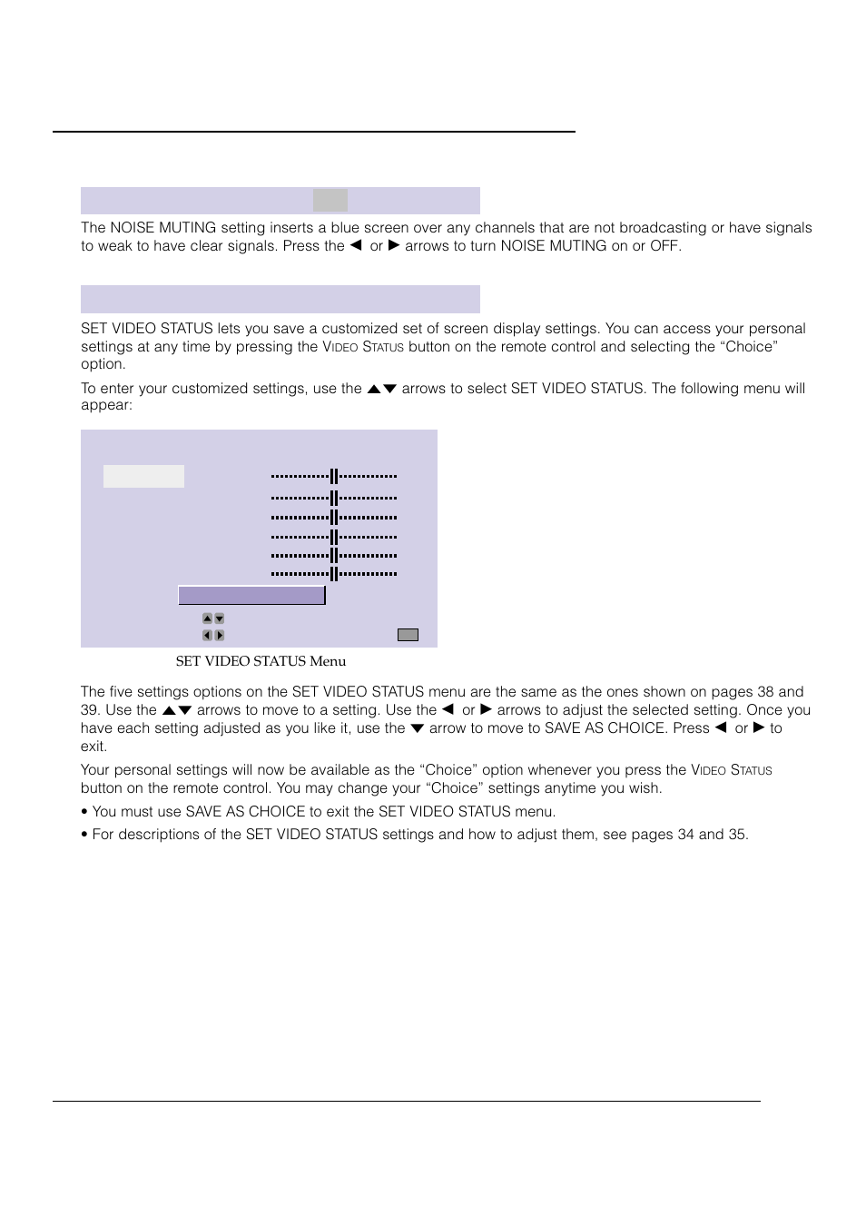Picture adjust, On noise muting off, Set video status | JVC AV 61S902 User Manual | Page 41 / 68