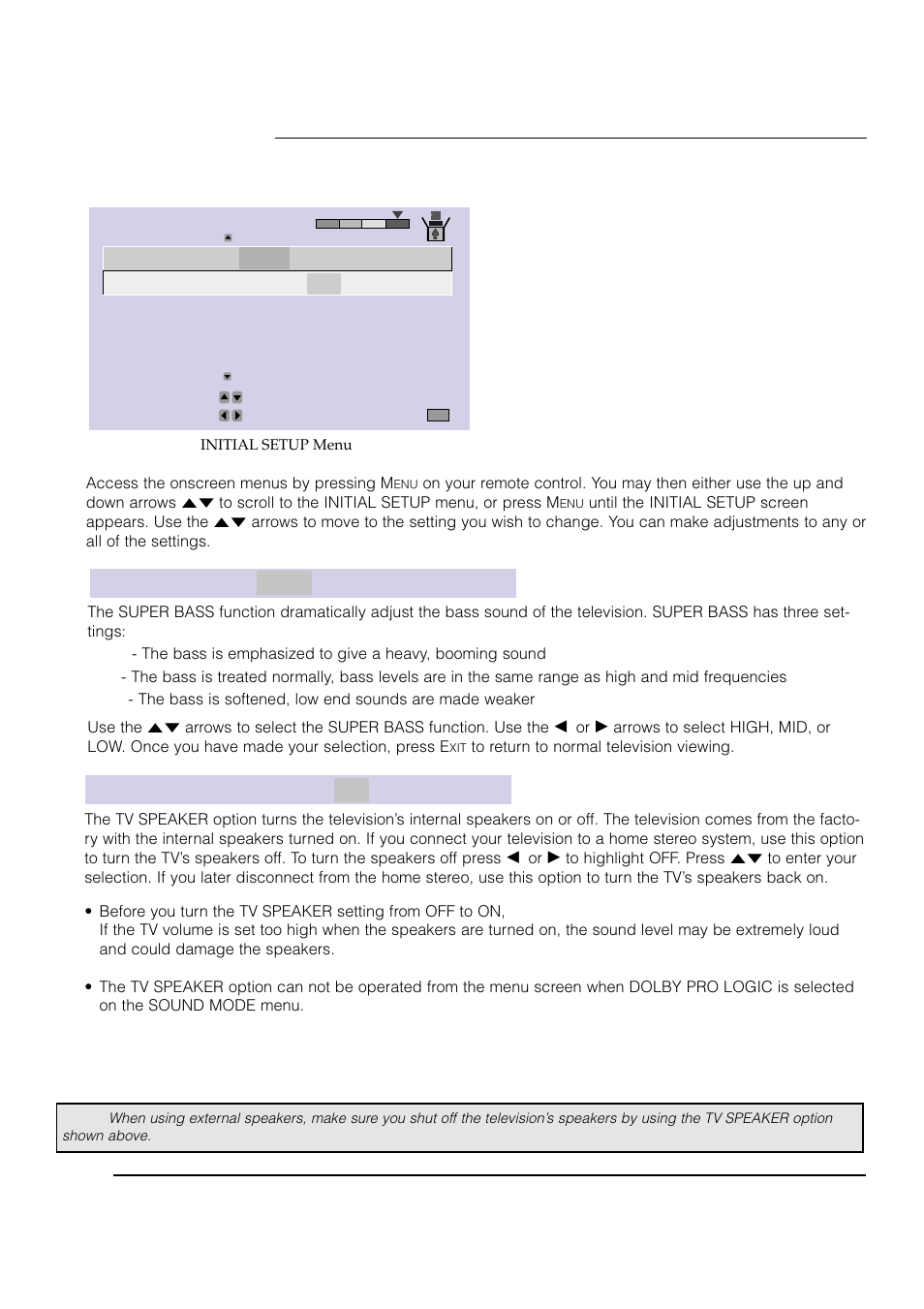 Initial setup, Super bass high mid low, On tv speaker off | JVC AV 61S902 User Manual | Page 44 / 68