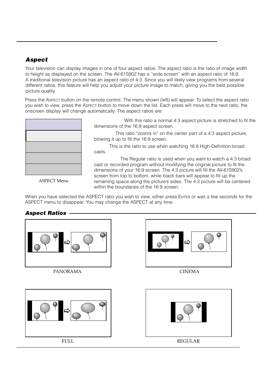 Aspect, Aspect panorama cinema full regular | JVC AV 61S902 User Manual | Page 49 / 68