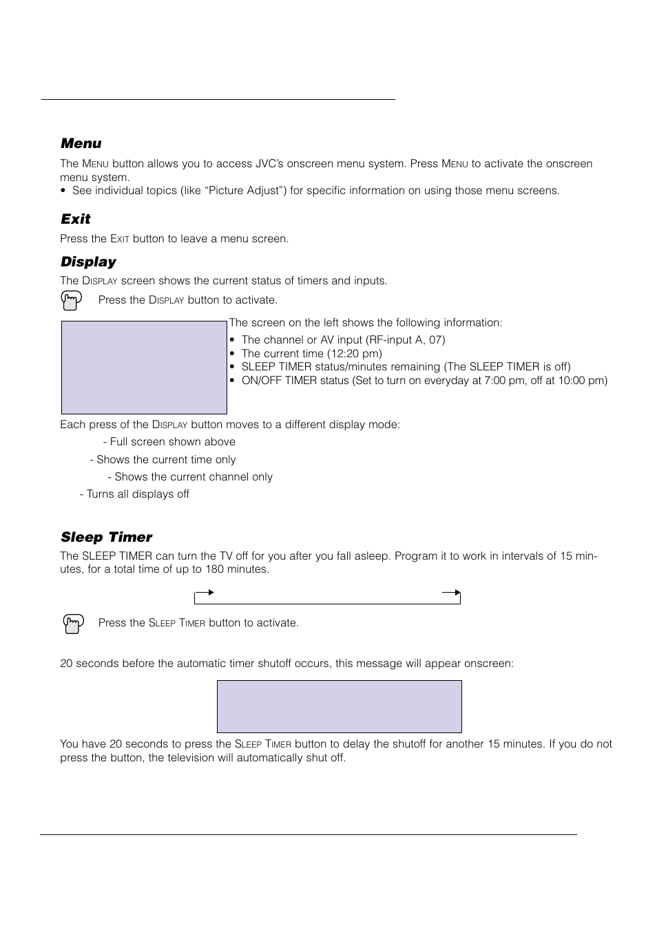 Button functions, Menu exit, Display | Sleep timer | JVC AV 61S902 User Manual | Page 51 / 68