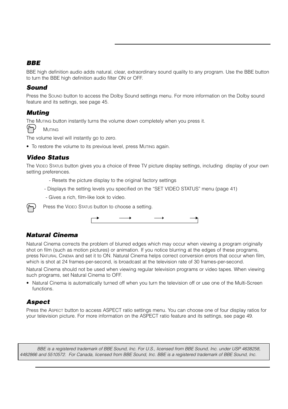 Button functions, Bbe sound, Muting | Natural cinema aspect, Video status | JVC AV 61S902 User Manual | Page 52 / 68