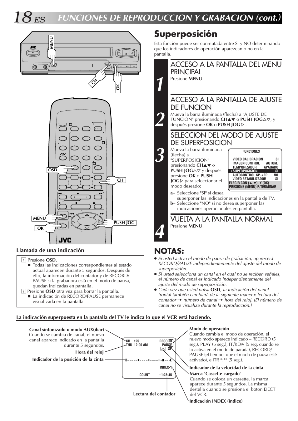 Funciones de reproduccion y grabacion (cont.), Superposición, Notas | Acceso a la pantalla del menu principal, Acceso a la pantalla de ajuste de funcion, Seleccion del modo de ajuste de superposicion, Vuelta a la pantalla normal | JVC HR-J4006UM User Manual | Page 18 / 72