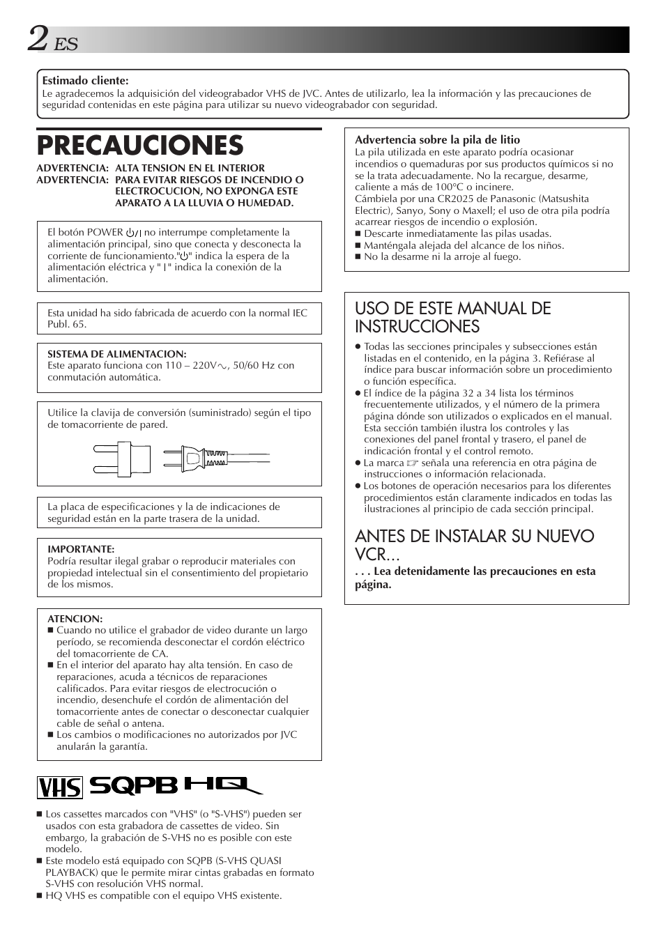 Precauciones, Uso de este manual de instrucciones, Antes de instalar su nuevo vcr | JVC HR-J4006UM User Manual | Page 2 / 72