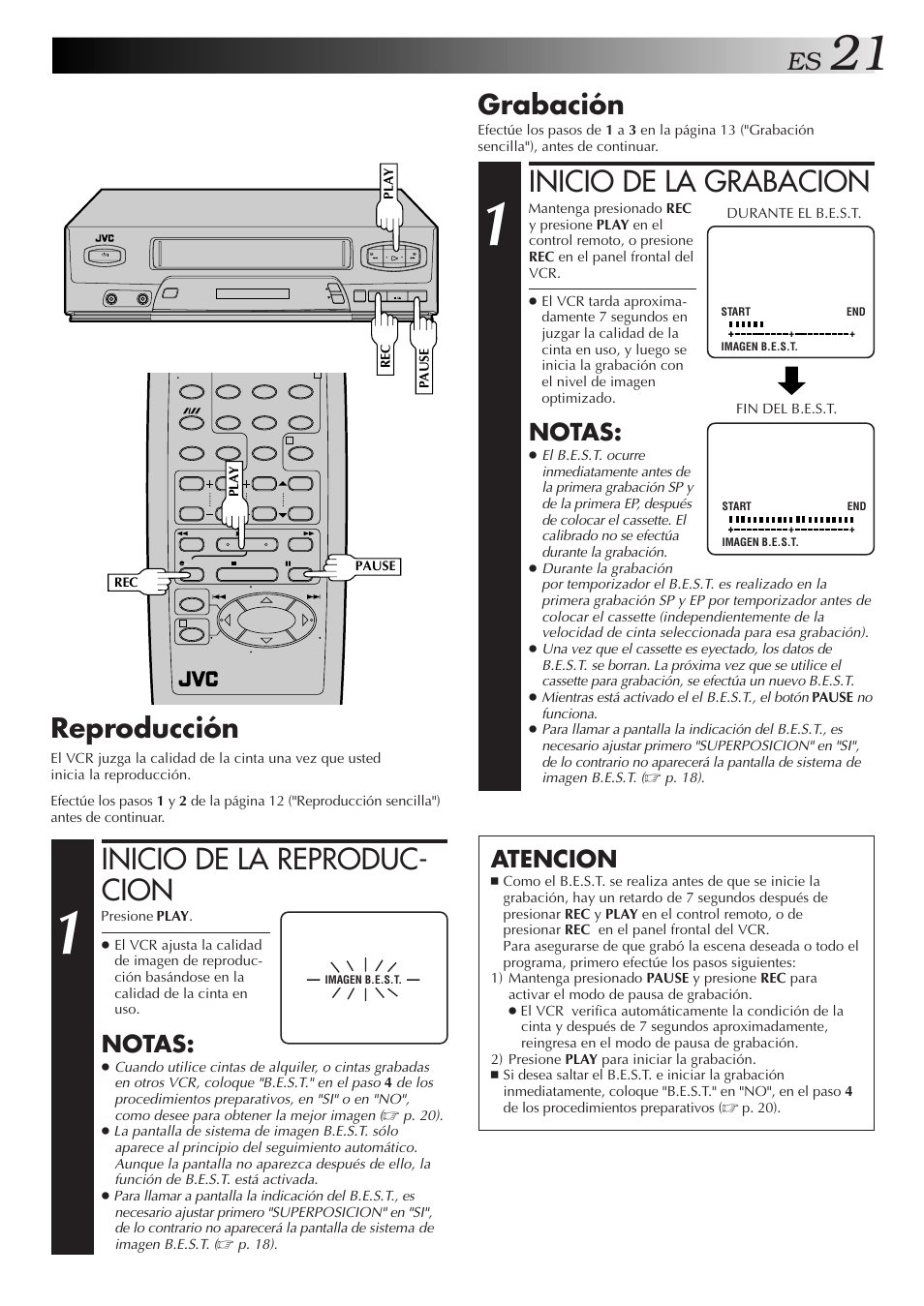 Inicio de la grabacion, Inicio de la reproduc- cion, Grabación | Reproducción, Notas, Atencion | JVC HR-J4006UM User Manual | Page 21 / 72