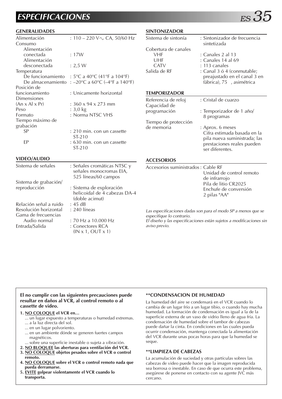Especificaciones | JVC HR-J4006UM User Manual | Page 35 / 72