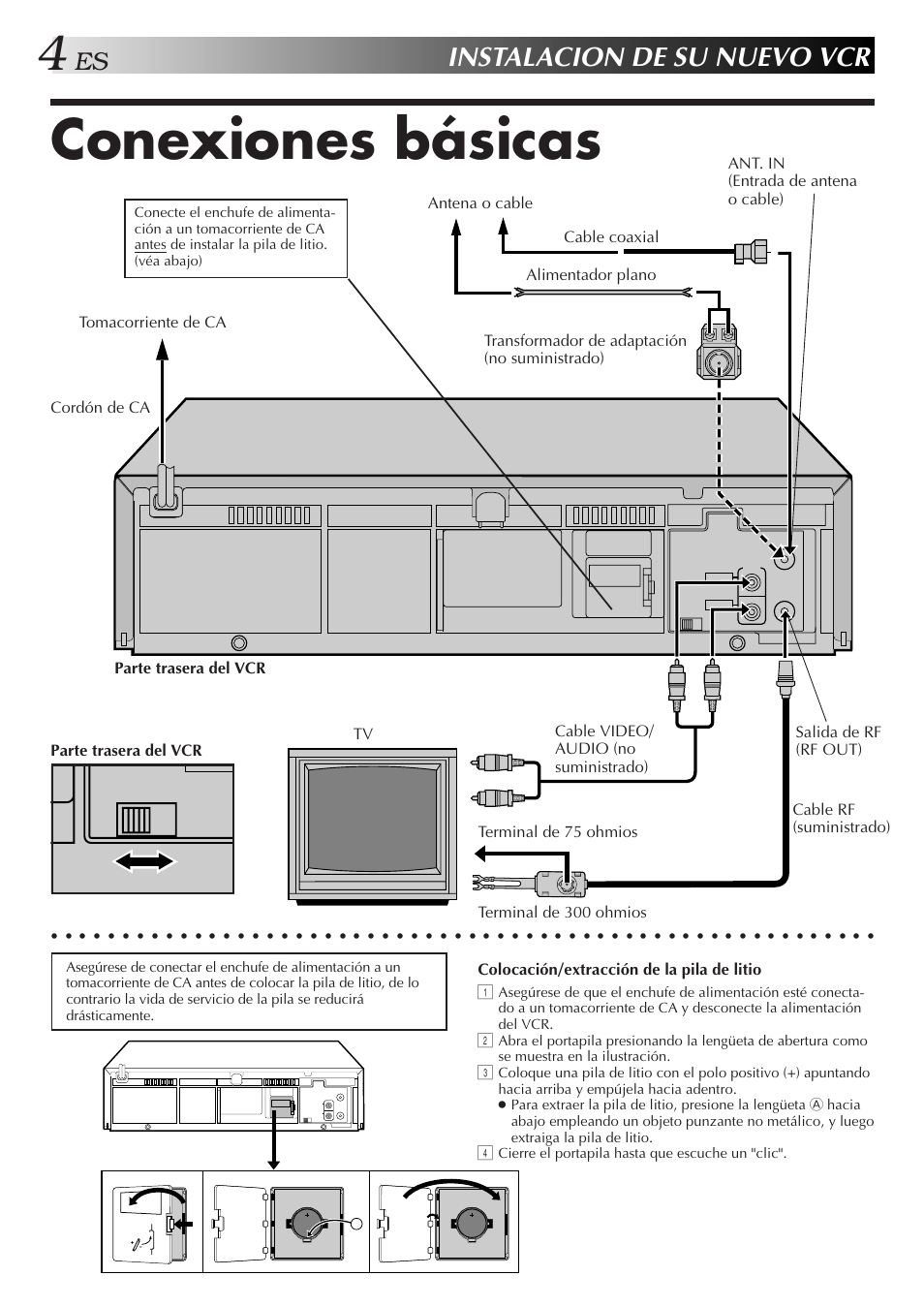 Conexiones básicas, Instalacion de su nuevo vcr, Vide | Ch3 ch4, Colocación/extracción de la pila de litio 1, Salida de rf (rf out), Cierre el portapila hasta que escuche un "clic | JVC HR-J4006UM User Manual | Page 4 / 72