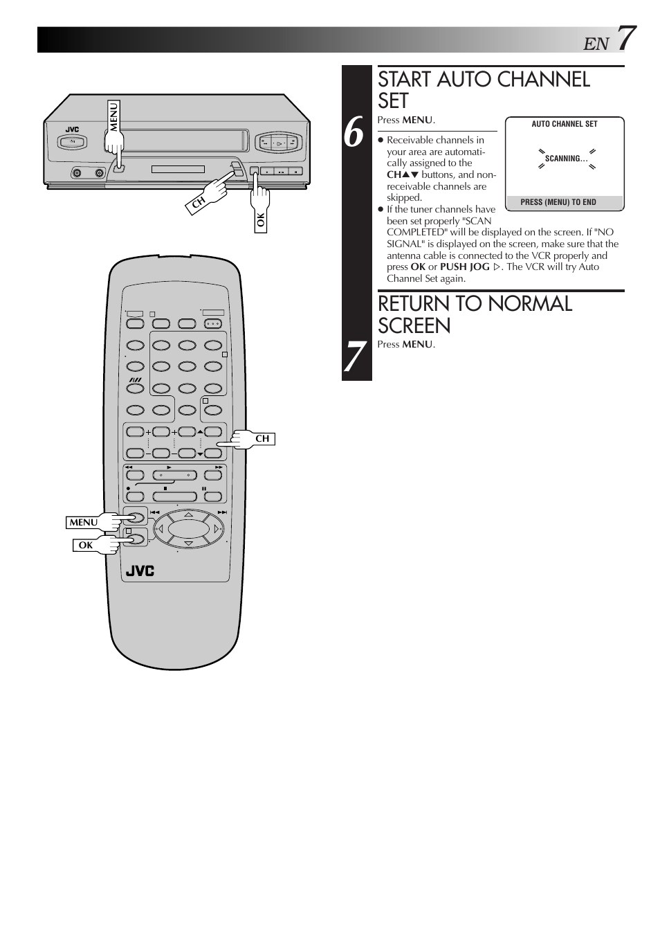 Start auto channel set, Return to normal screen | JVC HR-J4006UM User Manual | Page 41 / 72
