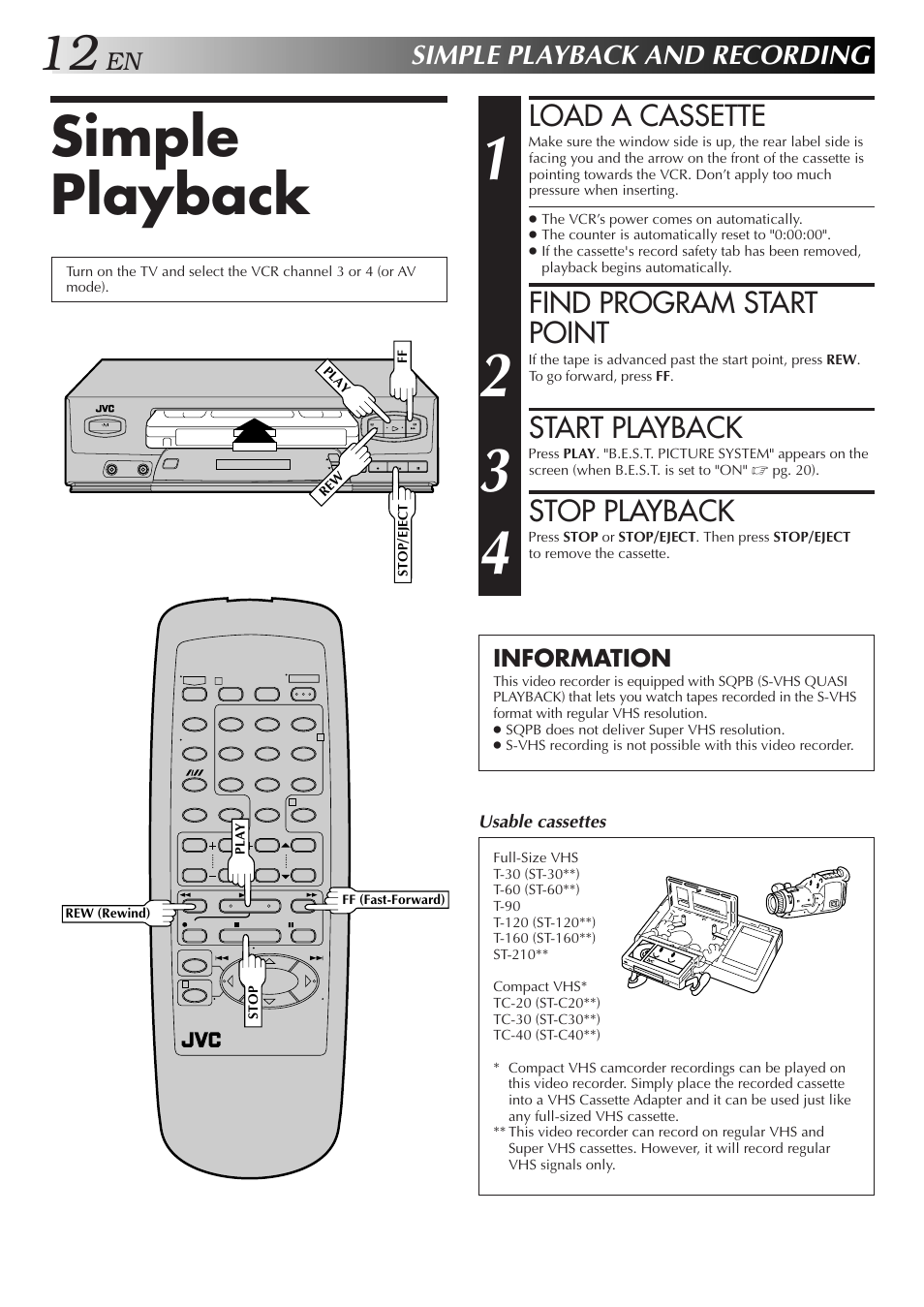 Simple playback, Load a cassette, Find program start point | Start playback, Stop playback, Simple playback and recording, Information | JVC HR-J4006UM User Manual | Page 46 / 72