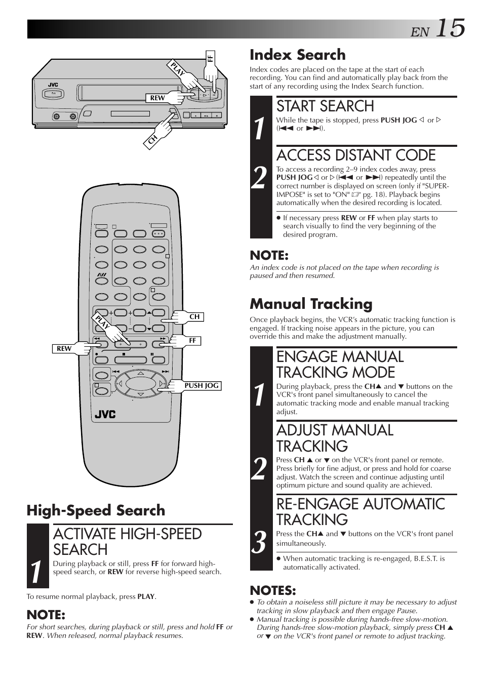 Activate high-speed search, Start search, Access distant code | Engage manual tracking mode, Adjust manual tracking, Re-engage automatic tracking, High-speed search, Index search, Manual tracking | JVC HR-J4006UM User Manual | Page 49 / 72