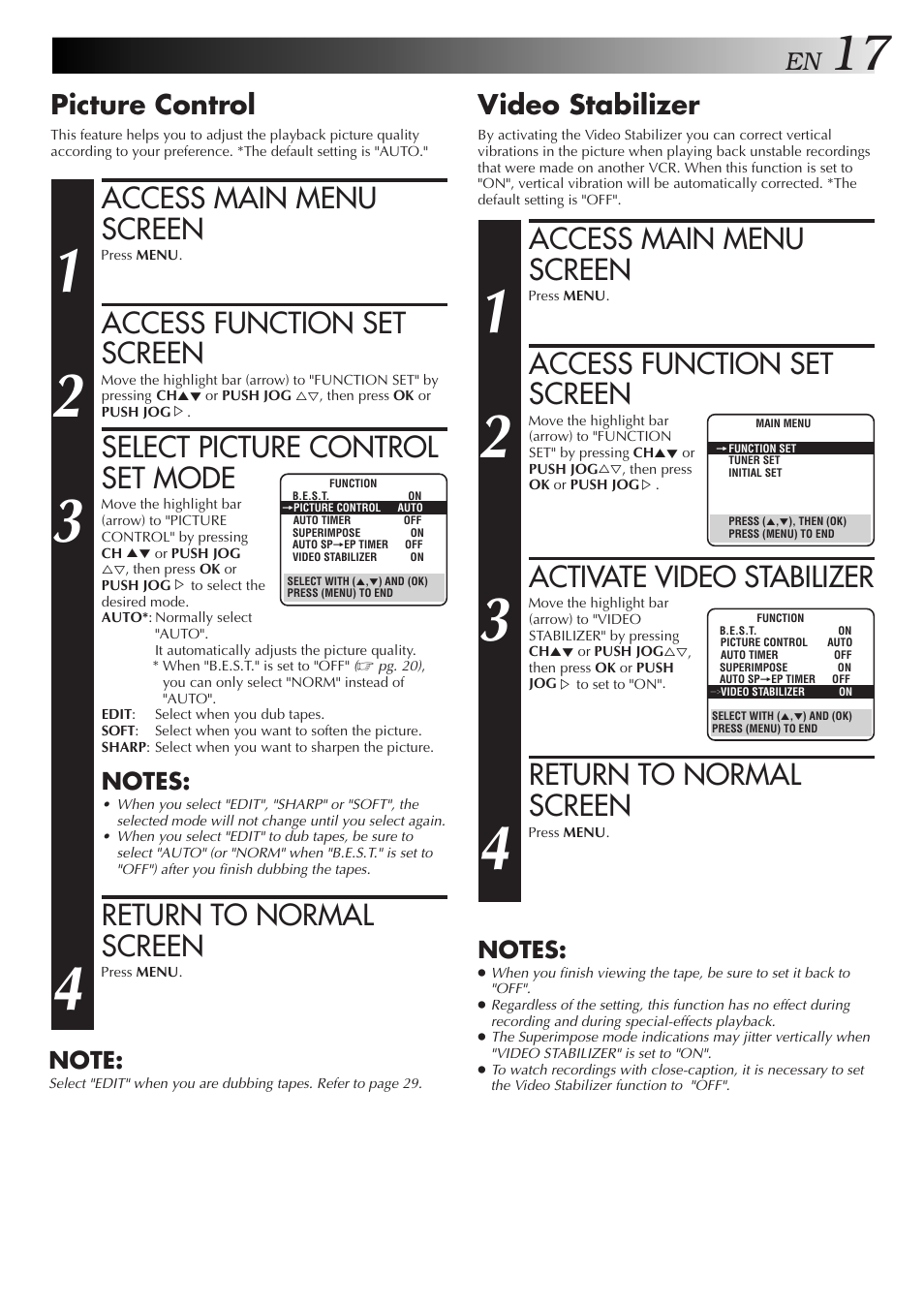 Access main menu screen, Access function set screen, Activate video stabilizer | Return to normal screen, Select picture control set mode, Video stabilizer, Picture control | JVC HR-J4006UM User Manual | Page 51 / 72