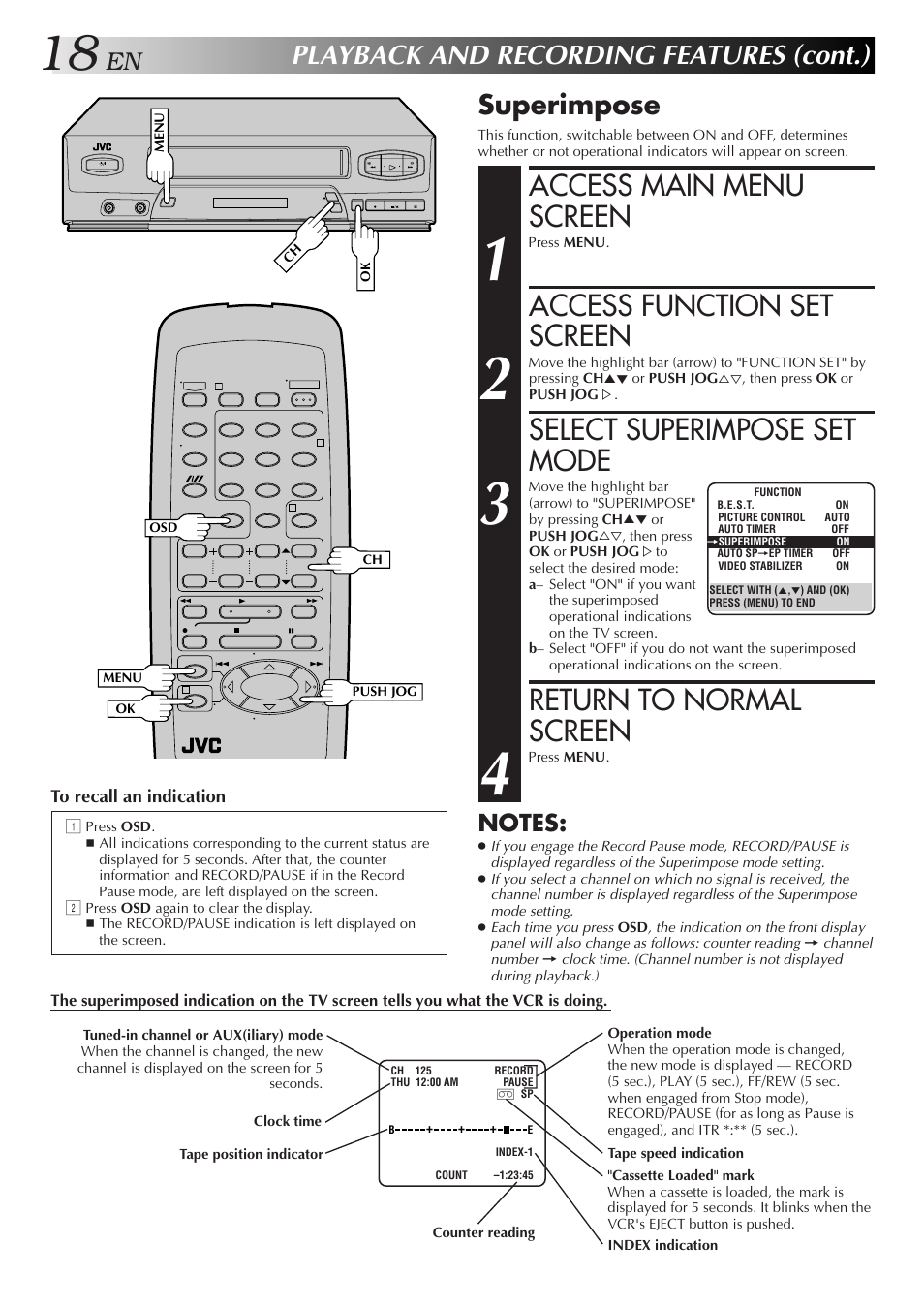 Access main menu screen, Access function set screen, Select superimpose set mode | Return to normal screen, Playback and recording features (cont.), Superimpose | JVC HR-J4006UM User Manual | Page 52 / 72