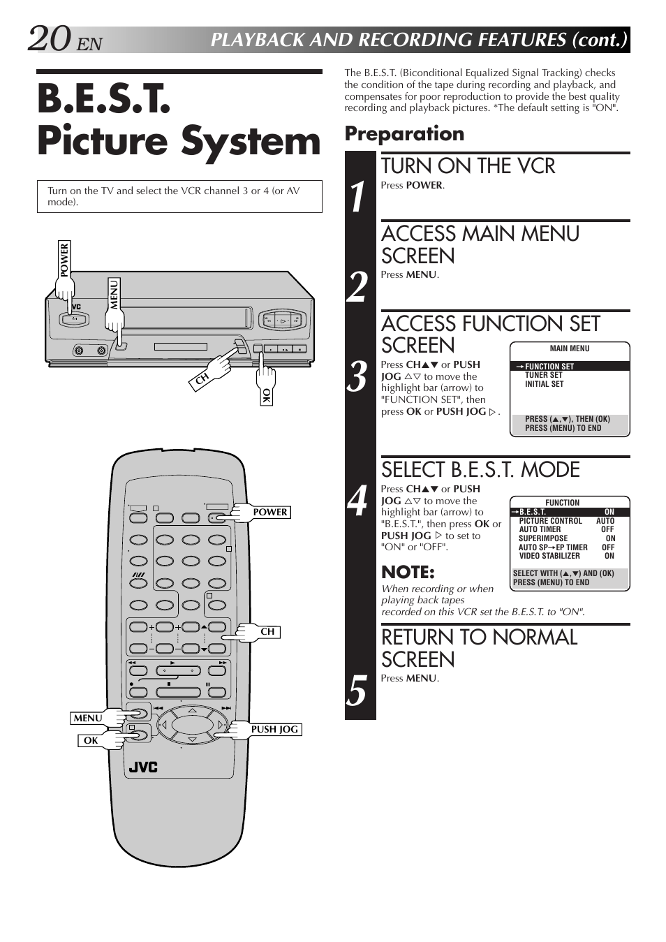 B.e.s.t. picture system, Turn on the vcr, Access main menu screen | Access function set screen, Select b.e.s.t. mode, Return to normal screen, Playback and recording features (cont.), Preparation | JVC HR-J4006UM User Manual | Page 54 / 72