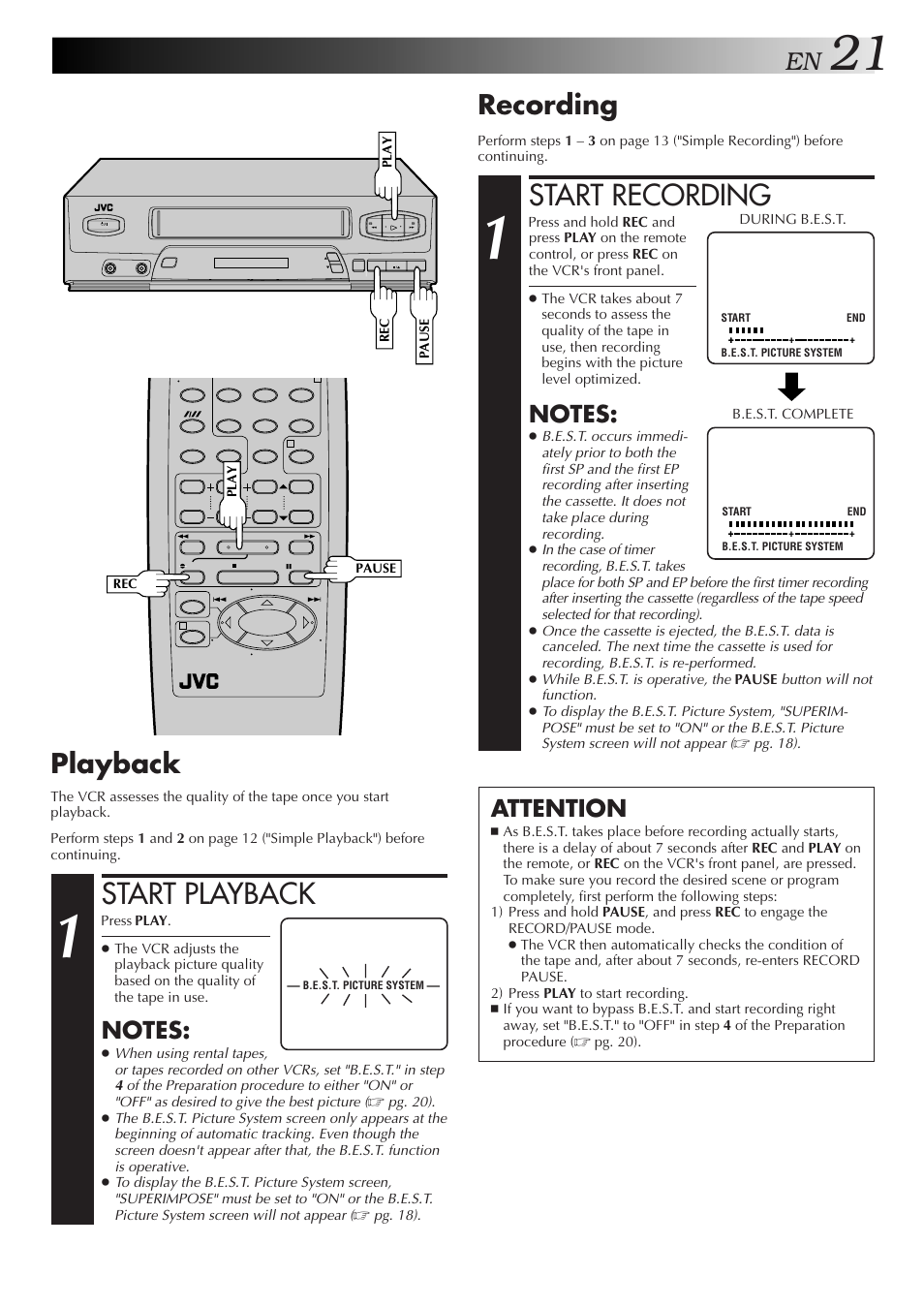 Start playback, Start recording, Recording | Playback, Attention | JVC HR-J4006UM User Manual | Page 55 / 72