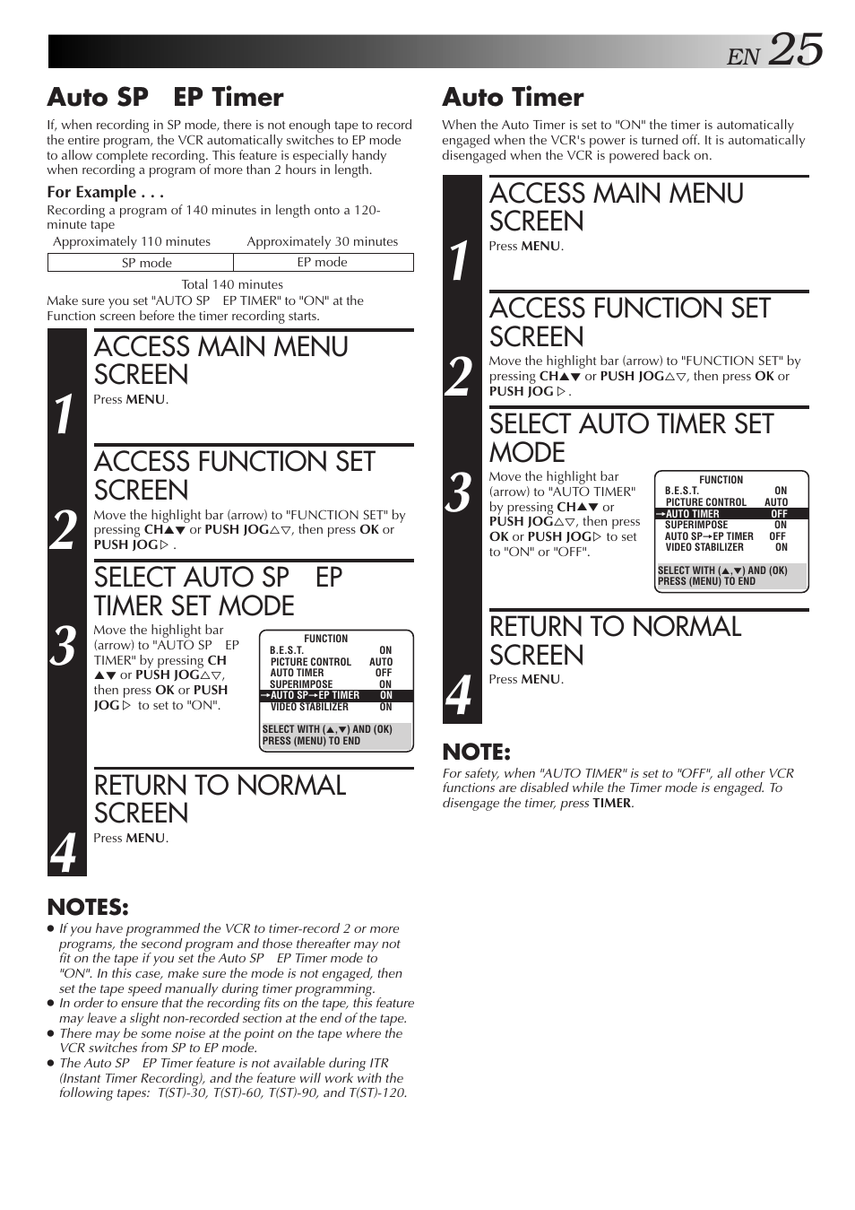 Access main menu screen, Access function set screen, Select auto timer set mode | Return to normal screen, Select auto sp → ep timer set mode, Auto timer, Auto sp → ep timer | JVC HR-J4006UM User Manual | Page 59 / 72