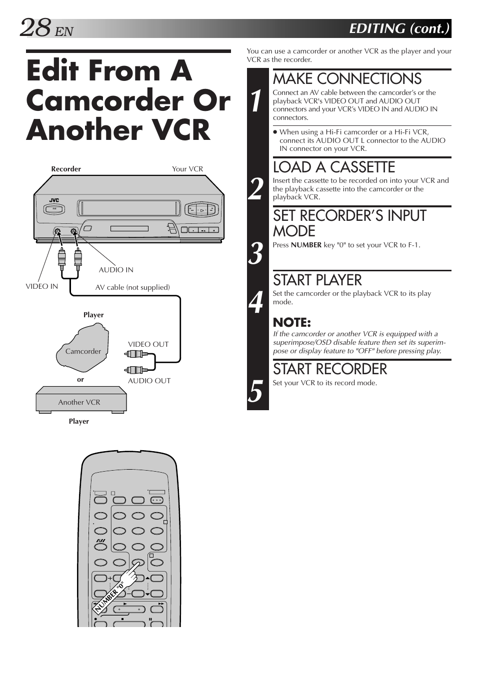 Edit from a camcorder or another vcr, Make connections, Load a cassette | Set recorder’s input mode, Start player, Start recorder, Editing (cont.) | JVC HR-J4006UM User Manual | Page 62 / 72