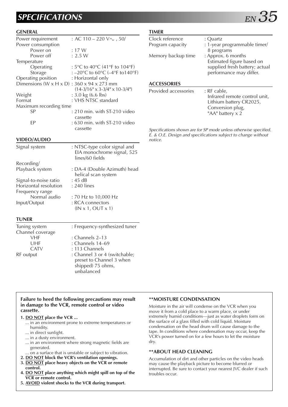 Specifications | JVC HR-J4006UM User Manual | Page 69 / 72