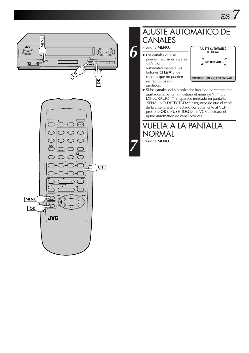 Ajuste automatico de canales, Vuelta a la pantalla normal | JVC HR-J4006UM User Manual | Page 7 / 72