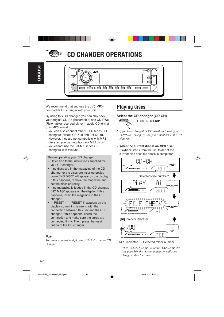 Cd changer operations, Playing discs | JVC GET0199-001A User Manual | Page 104 / 124