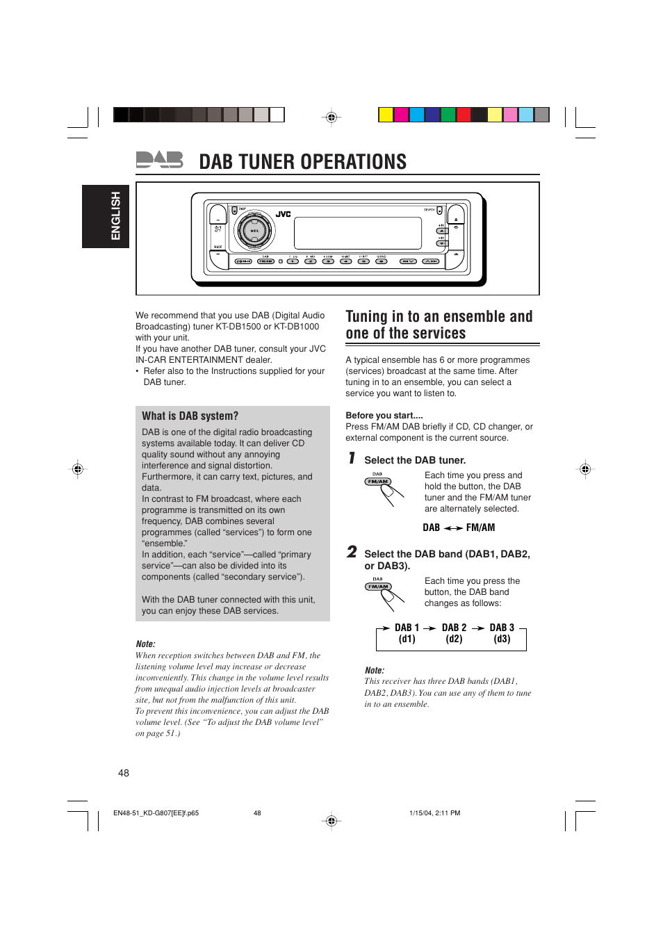 Dab tuner operations, Tuning in to an ensemble and one of the services | JVC GET0199-001A User Manual | Page 110 / 124