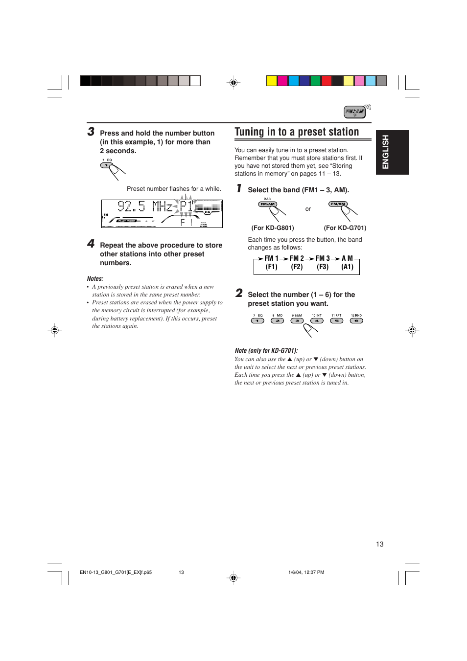 Tuning in to a preset station | JVC GET0199-001A User Manual | Page 13 / 124