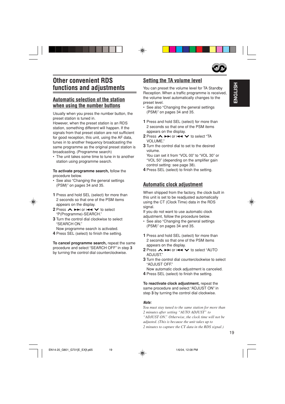 Other convenient rds functions and adjustments, Setting the ta volume level, Automatic clock adjustment | JVC GET0199-001A User Manual | Page 19 / 124