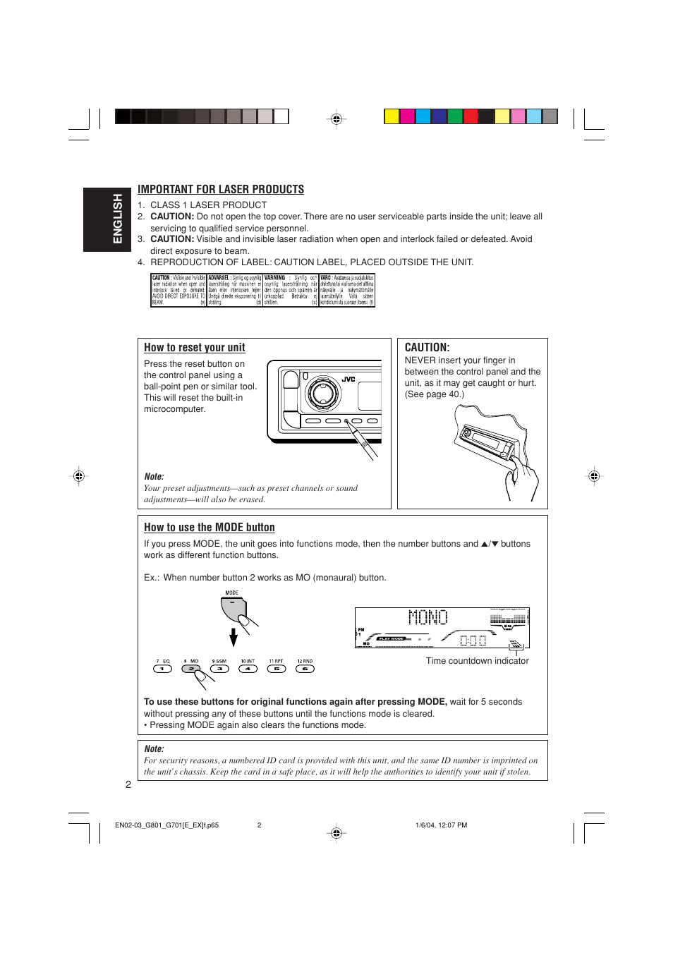 Important for laser products | JVC GET0199-001A User Manual | Page 2 / 124