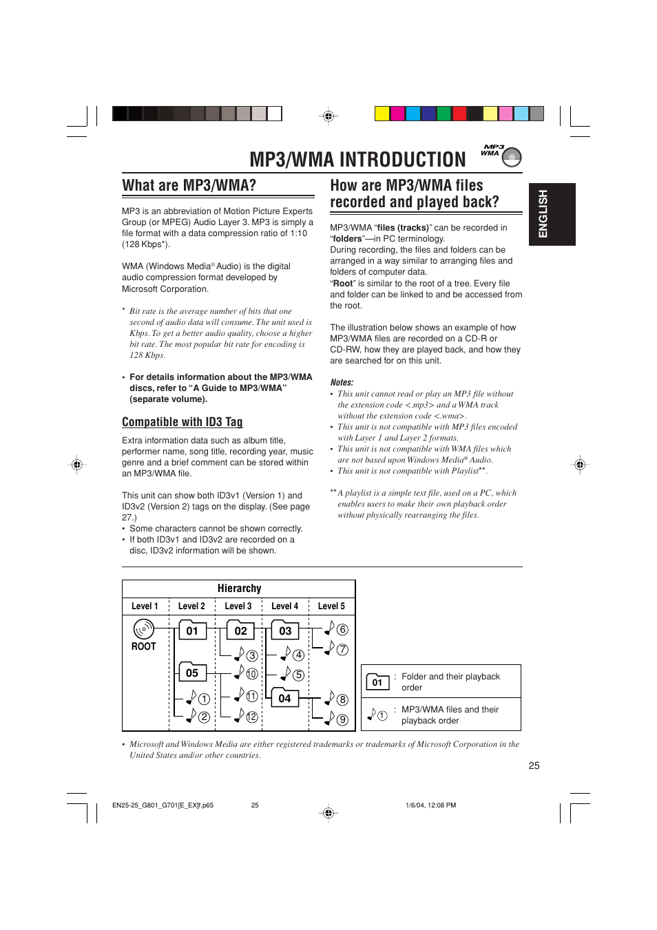 Mp3/wma introduction, What are mp3/wma, How are mp3/wma files recorded and played back | Compatible with id3 tag | JVC GET0199-001A User Manual | Page 25 / 124