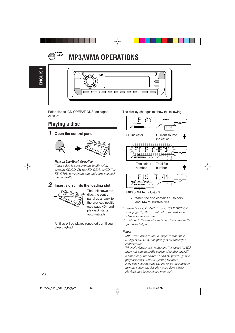 Mp3/wma operations, Playing a disc 1 | JVC GET0199-001A User Manual | Page 26 / 124