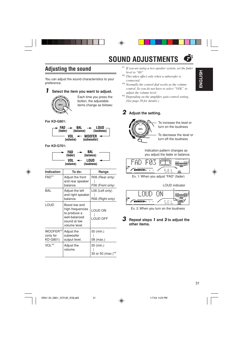 Sound adjustments, Adjusting the sound | JVC GET0199-001A User Manual | Page 31 / 124