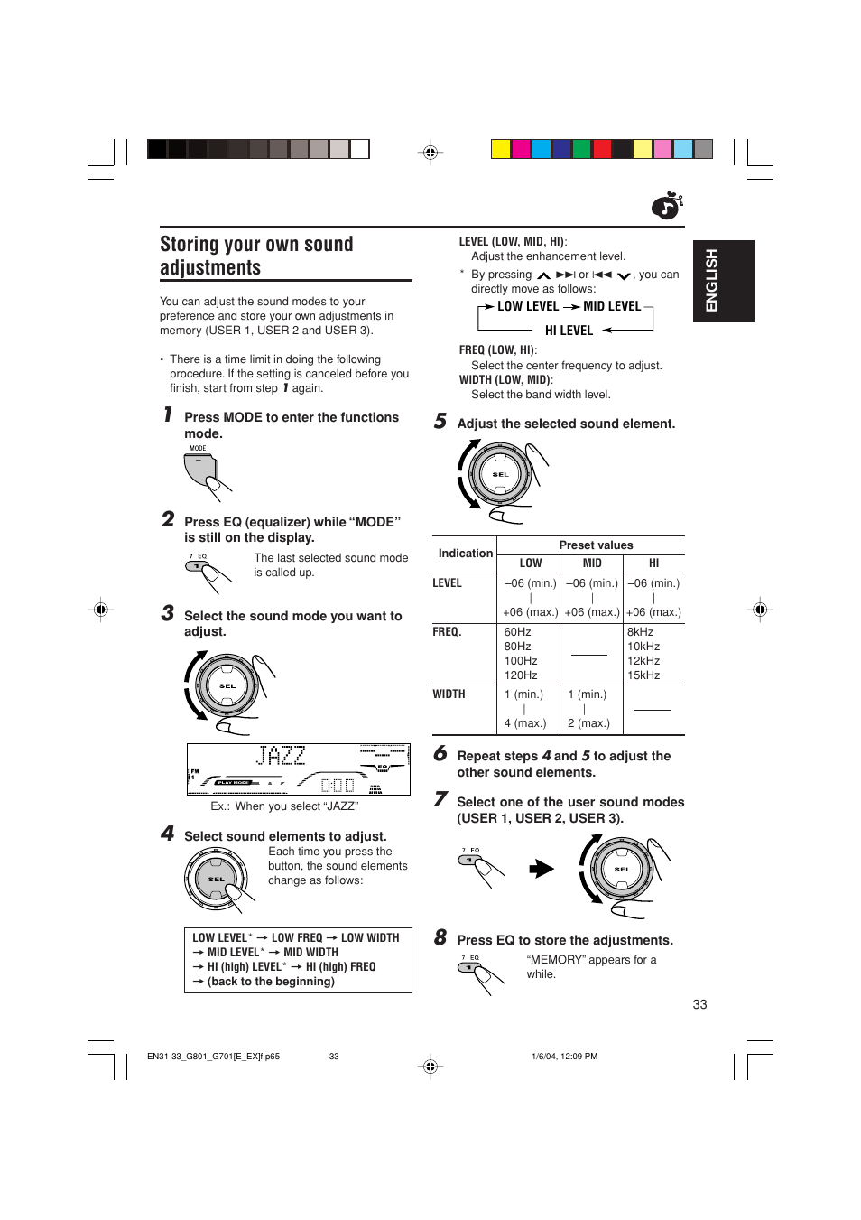 Storing your own sound adjustments | JVC GET0199-001A User Manual | Page 33 / 124