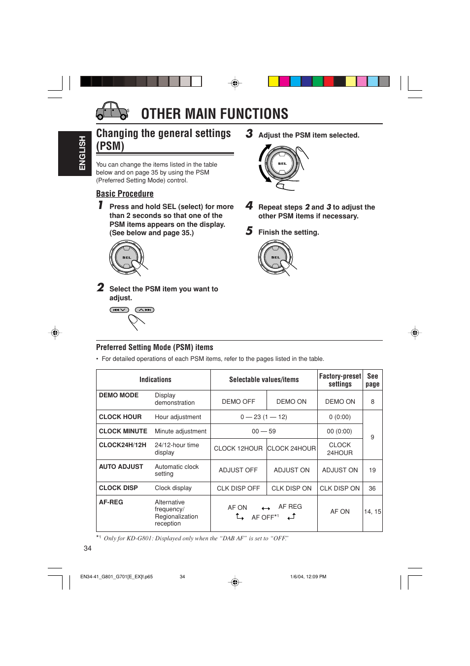 Other main functions, Changing the general settings (psm), Basic procedure | JVC GET0199-001A User Manual | Page 34 / 124