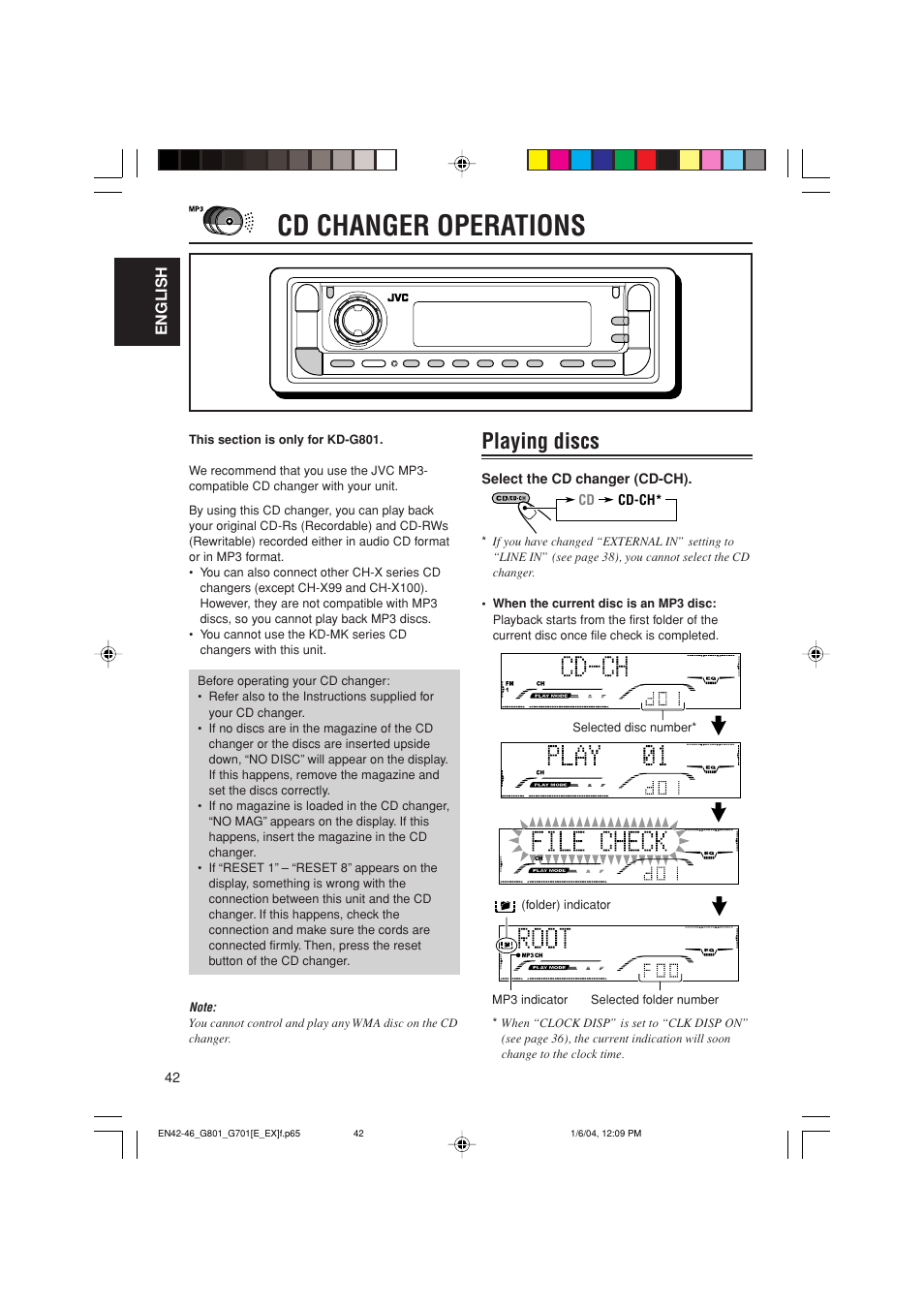 Cd changer operations, Playing discs | JVC GET0199-001A User Manual | Page 42 / 124