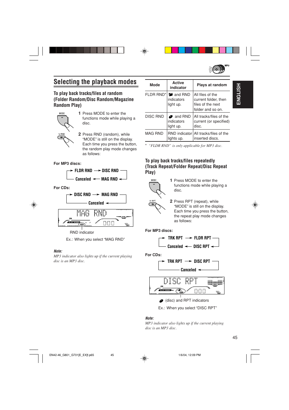 Selecting the playback modes | JVC GET0199-001A User Manual | Page 45 / 124