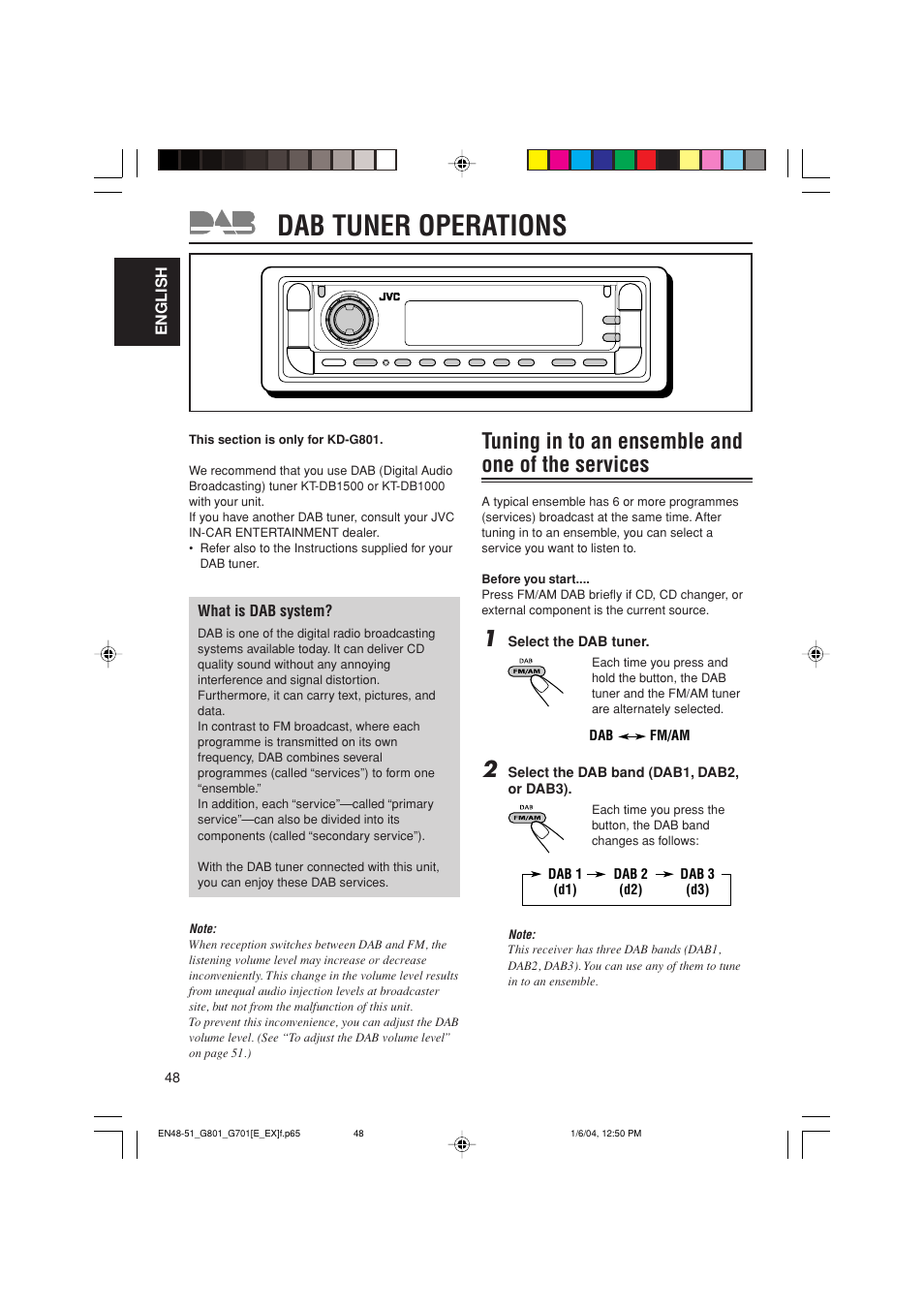 Dab tuner operations, Tuning in to an ensemble and one of the services | JVC GET0199-001A User Manual | Page 48 / 124