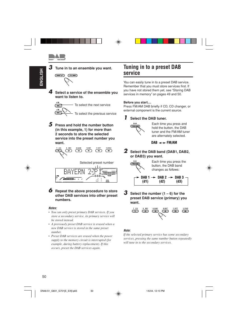 Tuning in to a preset dab service | JVC GET0199-001A User Manual | Page 50 / 124