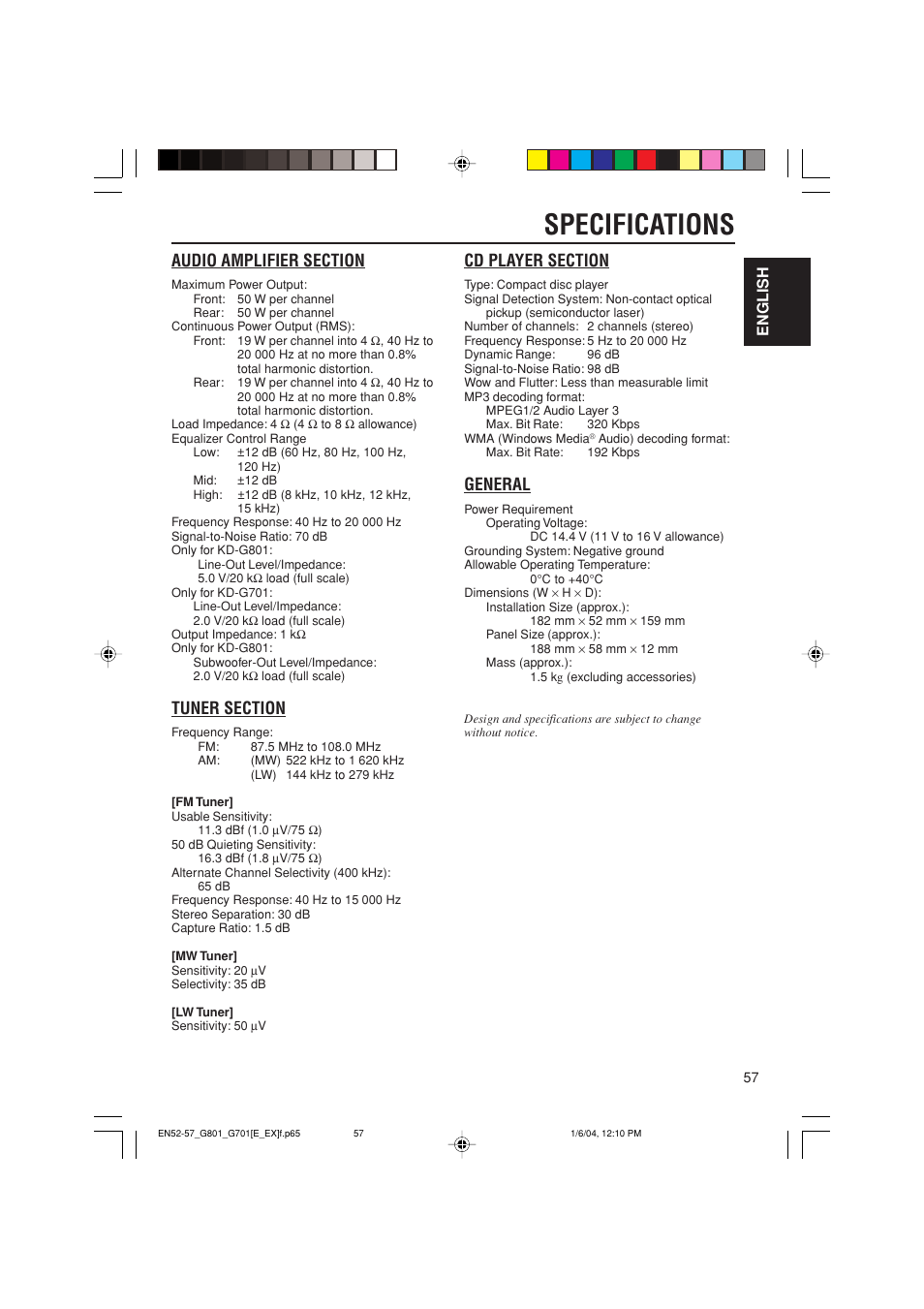 Specifications, General, English | JVC GET0199-001A User Manual | Page 57 / 124