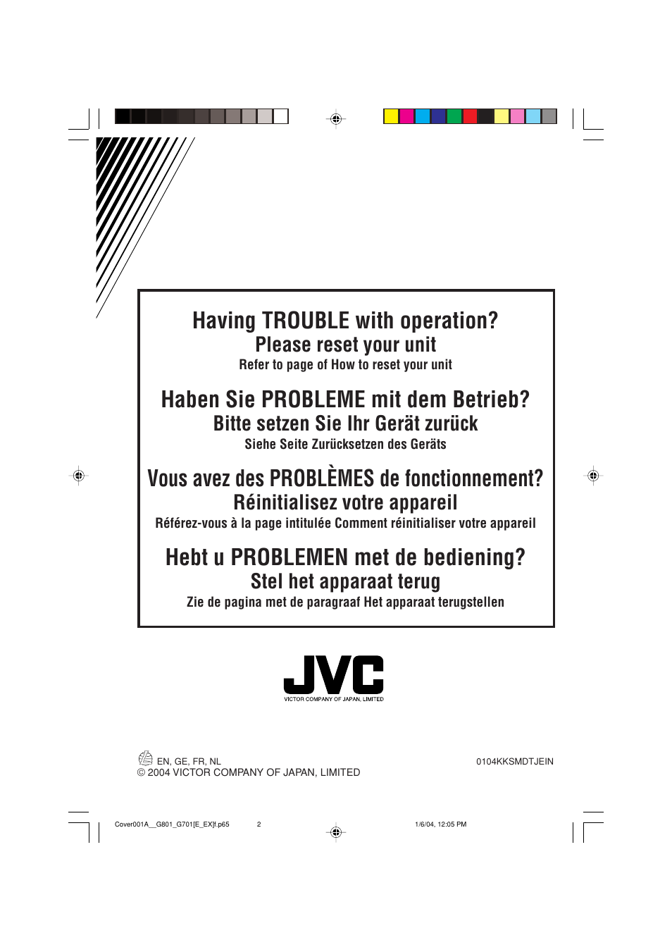 Back, Having trouble with operation, Haben sie probleme mit dem betrieb | Vous avez des problèmes de fonctionnement, Hebt u problemen met de bediening, Please reset your unit, Bitte setzen sie ihr gerät zurück, Réinitialisez votre appareil, Stel het apparaat terug | JVC GET0199-001A User Manual | Page 58 / 124