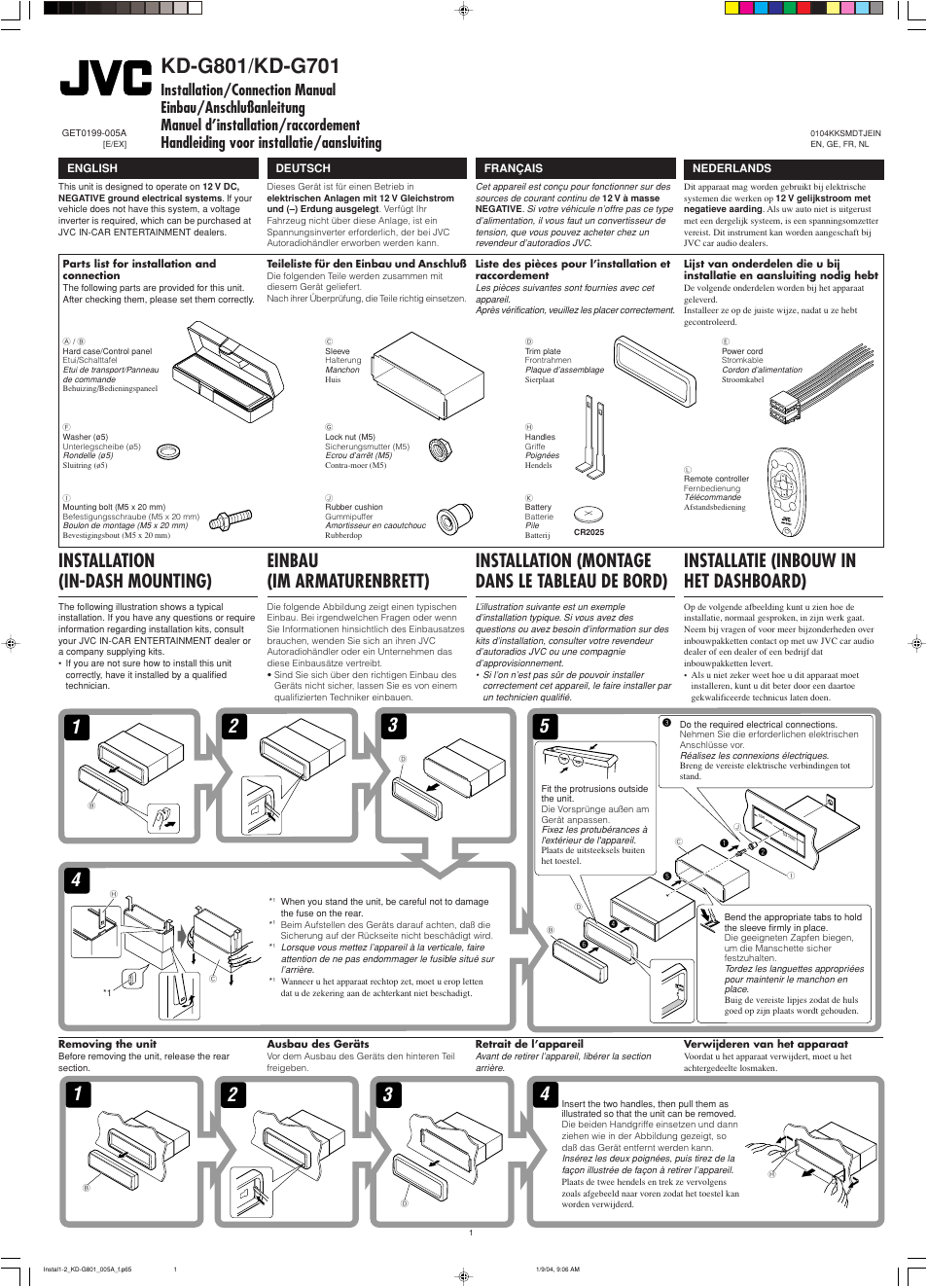 Installation/connection manual, Installation, Installatie (inbouw in het dashboard) | Installation (montage dans le tableau de bord), Einbau (im armaturenbrett), Installation (in-dash mounting) | JVC GET0199-001A User Manual | Page 59 / 124