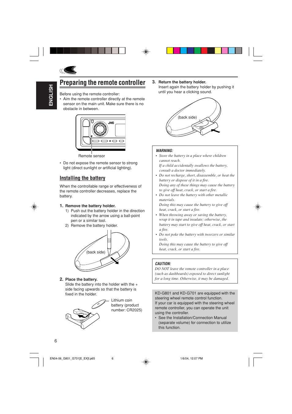 Preparing the remote controller, Installing the battery, English | JVC GET0199-001A User Manual | Page 6 / 124