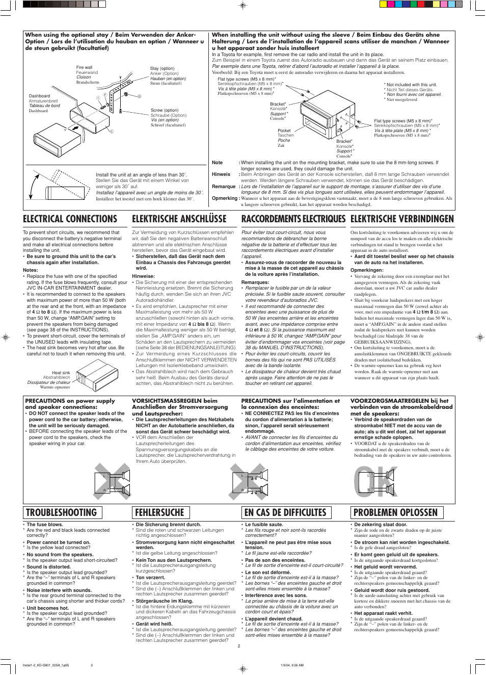 Electrical connections, Troubleshooting, Fehlersuche | Problemen oplossen, Raccordements electriques, Elektrische anschlüsse, Elektrische verbindingen, En cas de difficultes | JVC GET0199-001A User Manual | Page 60 / 124