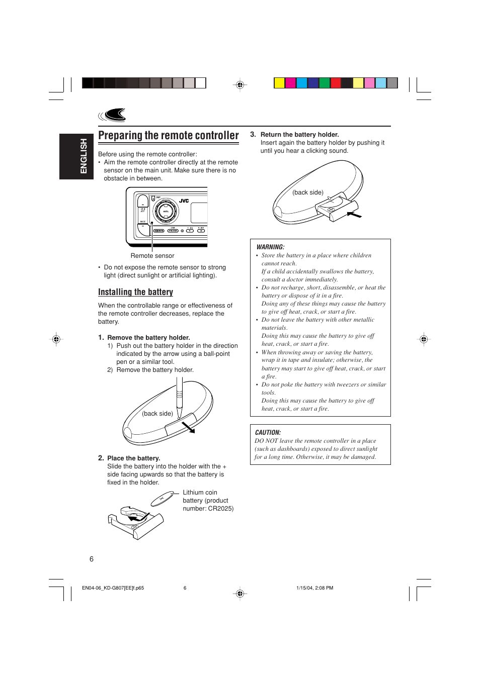 Preparing the remote controller, Installing the battery, English | JVC GET0199-001A User Manual | Page 68 / 124