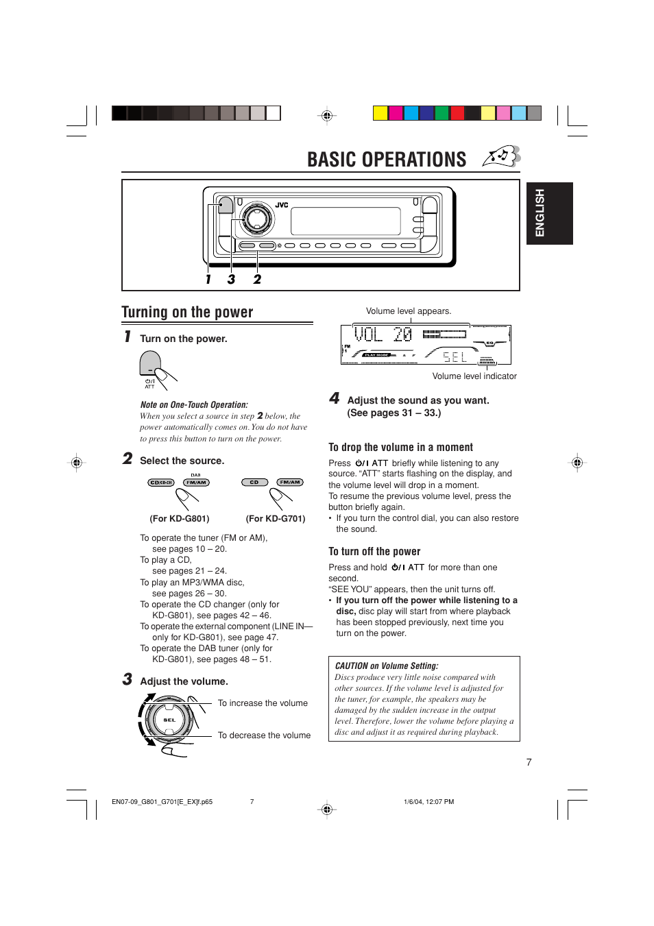 Basic operations, Turning on the power 1 | JVC GET0199-001A User Manual | Page 7 / 124