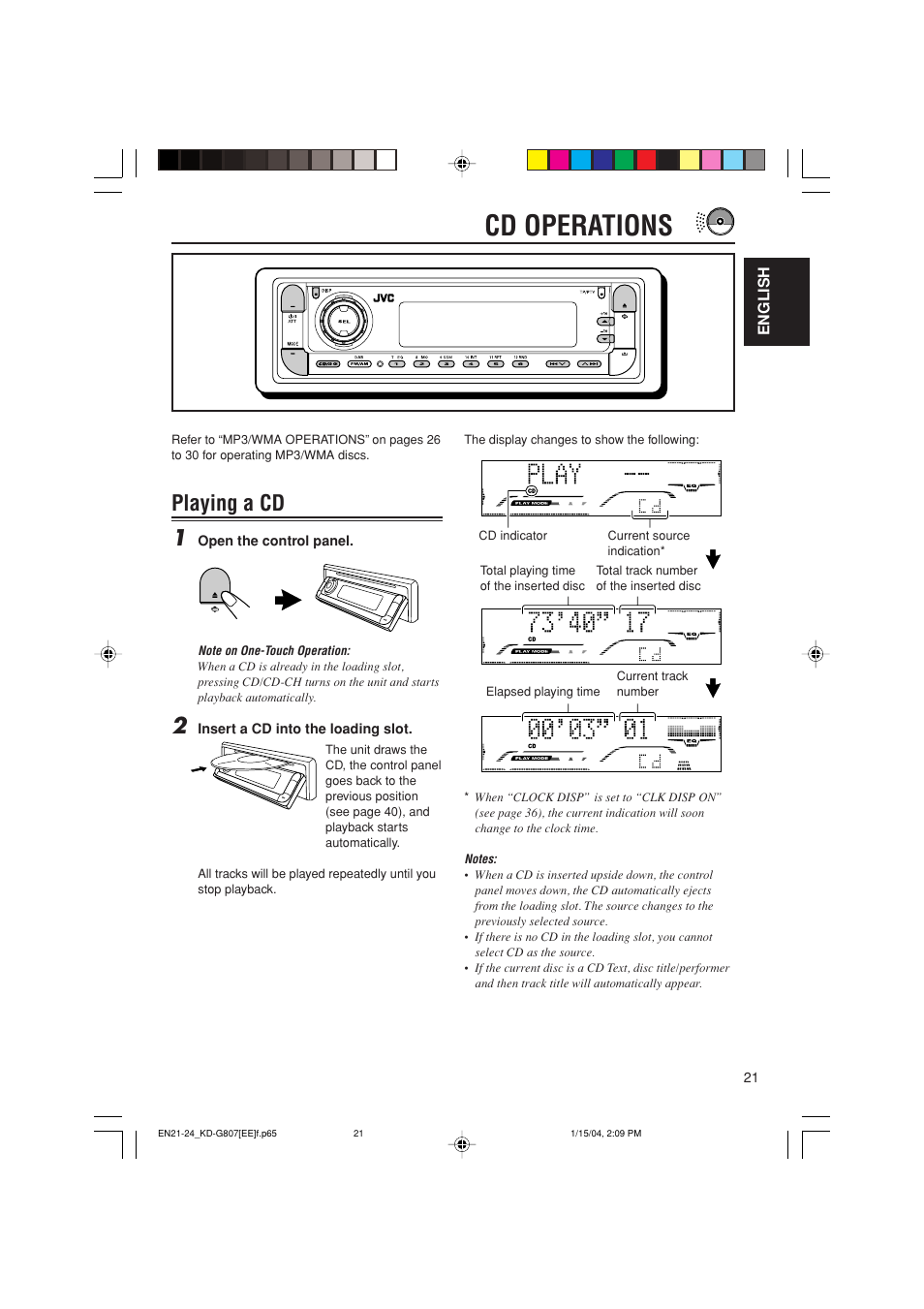 Cd operations, Playing a cd 1 | JVC GET0199-001A User Manual | Page 83 / 124