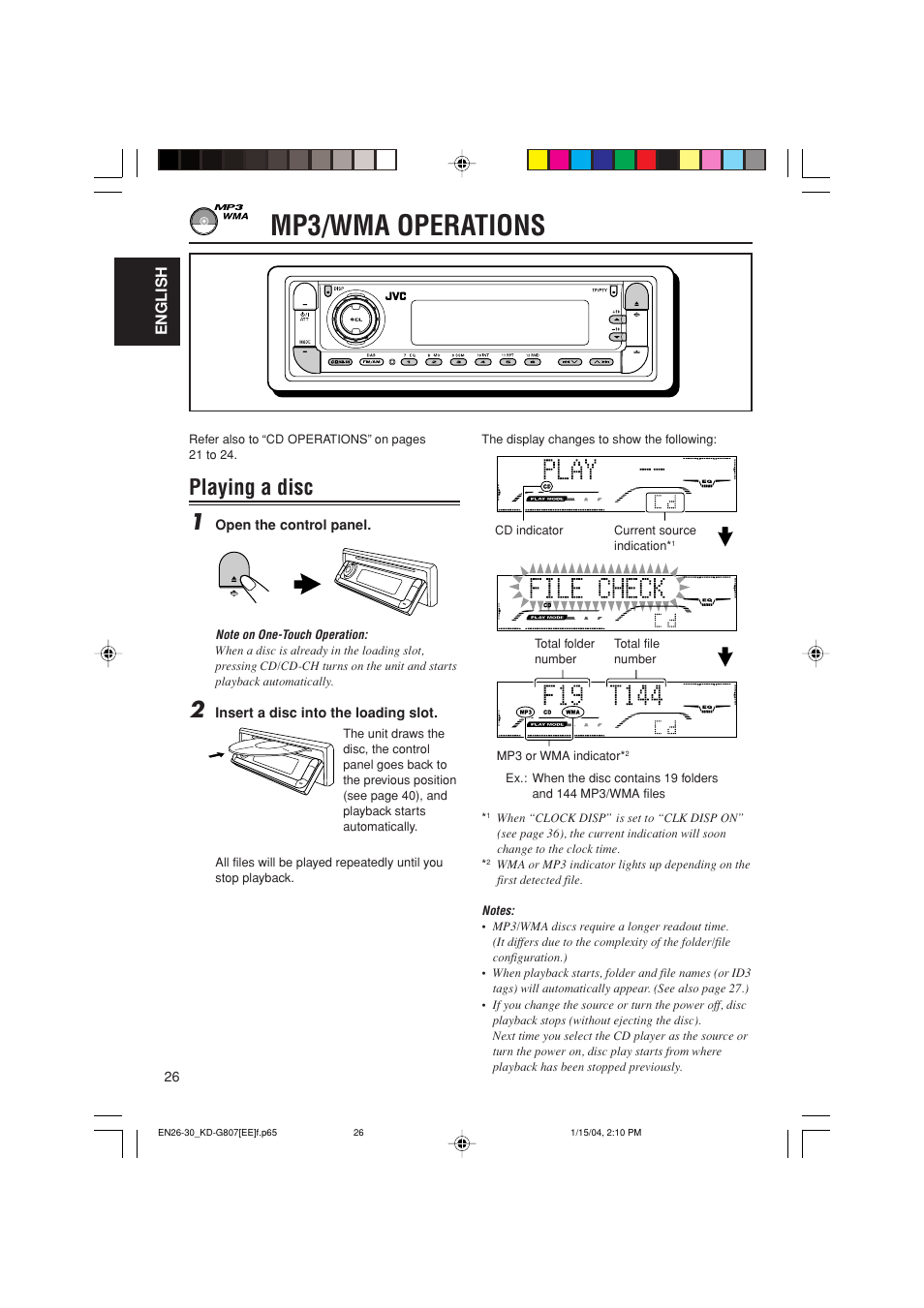 Mp3/wma operations, Playing a disc 1 | JVC GET0199-001A User Manual | Page 88 / 124