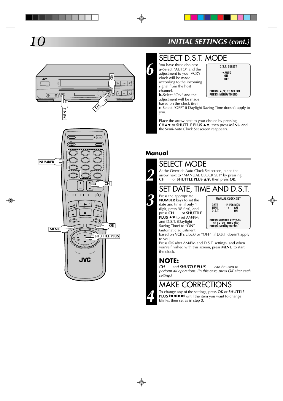 Select d.s.t. mode, Select mode, Set date, time and d.s.t | Make corrections, Initial settings (cont.), Manual | JVC HR-J430U User Manual | Page 10 / 44