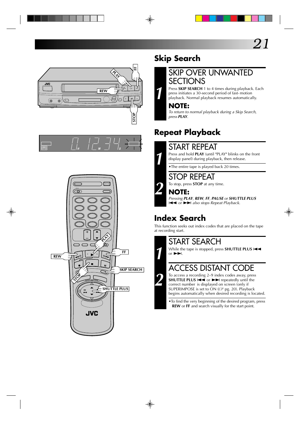Start search, Access distant code, Start repeat | Stop repeat, Skip search index search, Repeat playback | JVC HR-J430U User Manual | Page 21 / 44