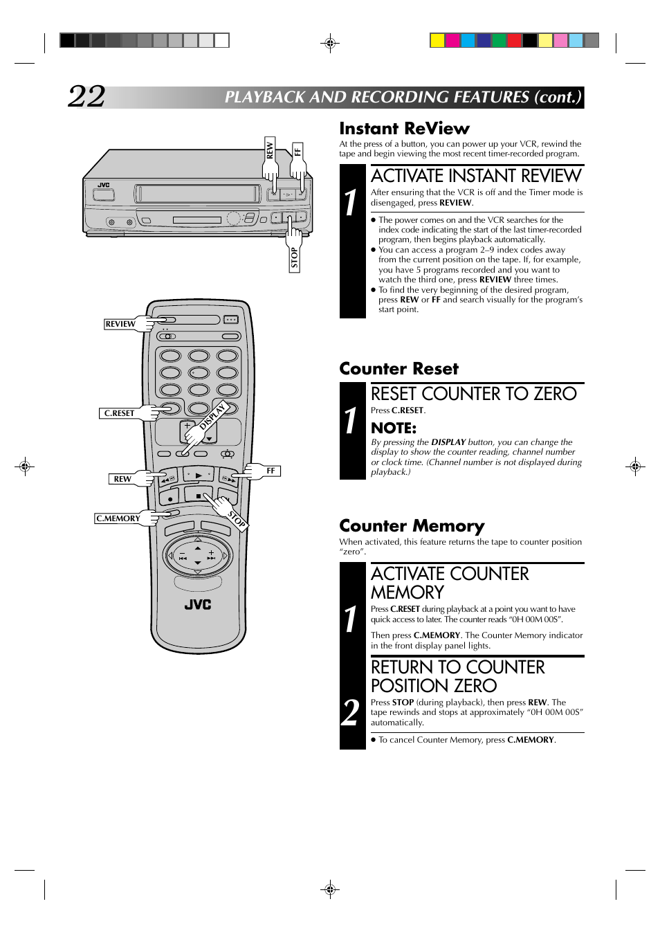 Activate instant review, Return to counter position zero, Reset counter to zero | Instant review, Counter reset, Playback and recording features (cont.) | JVC HR-J430U User Manual | Page 22 / 44