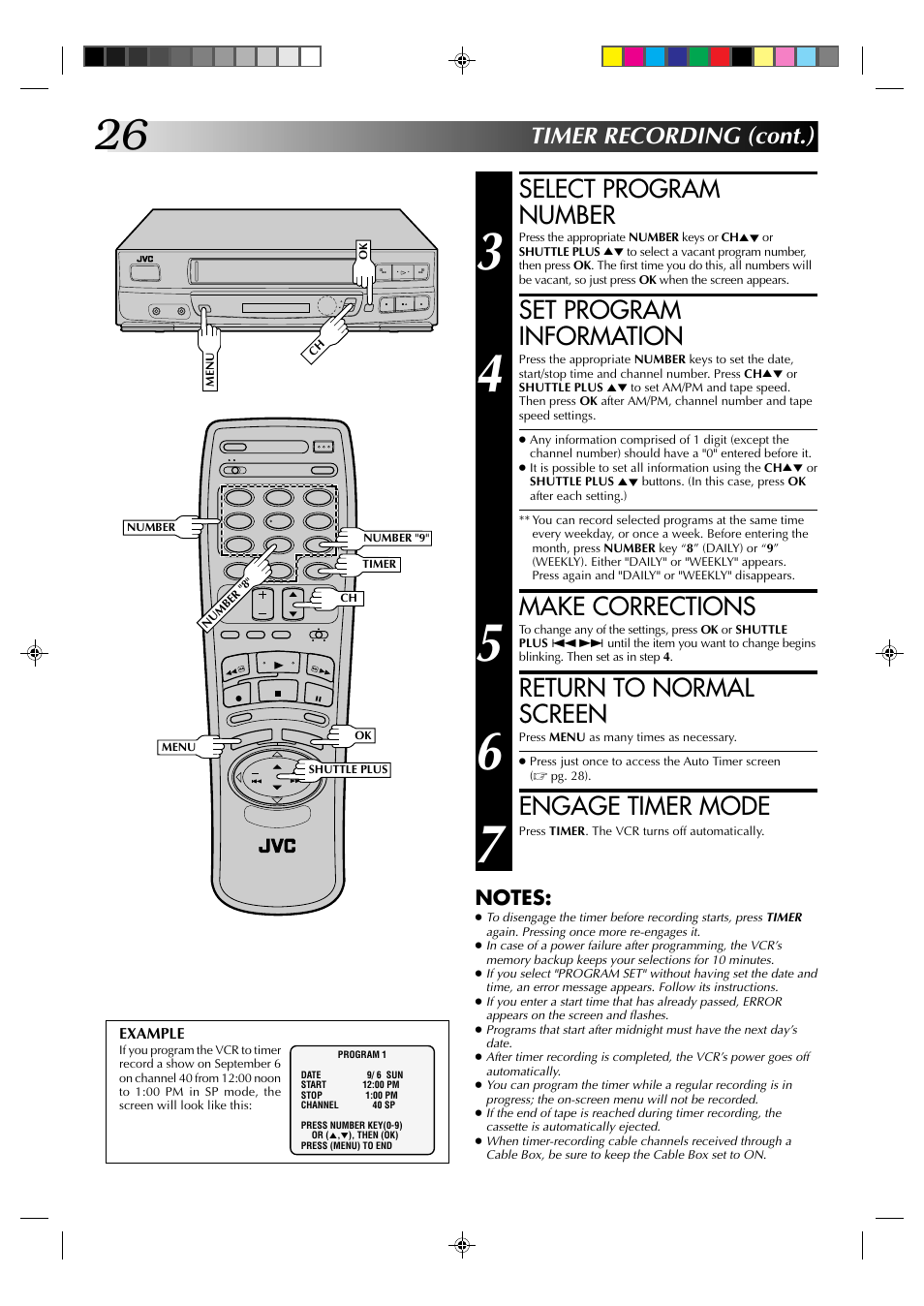 Select program number, Set program information, Make corrections | Return to normal screen, Engage timer mode, Timer recording (cont.) | JVC HR-J430U User Manual | Page 26 / 44